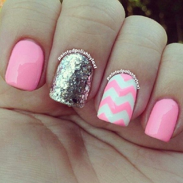 Pink, Silver Chevron Nail Art Design. 