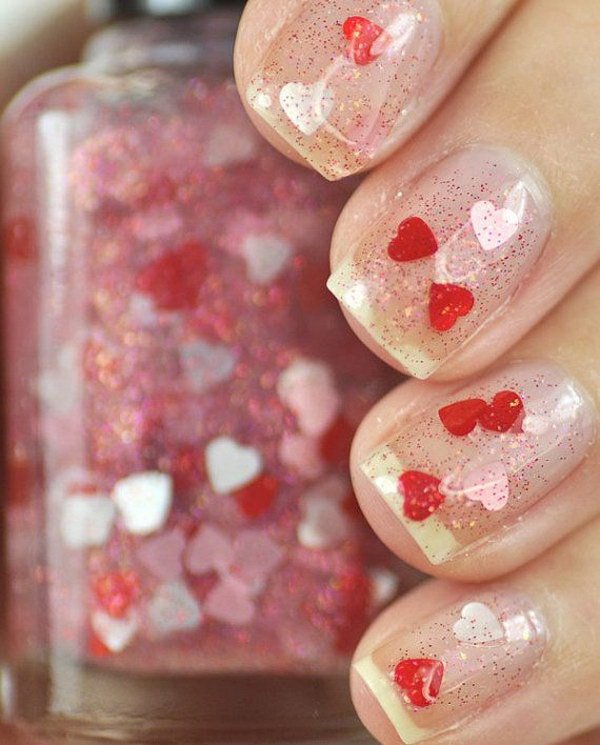 Smitten Red and Pink Heart Glitter Nails. 