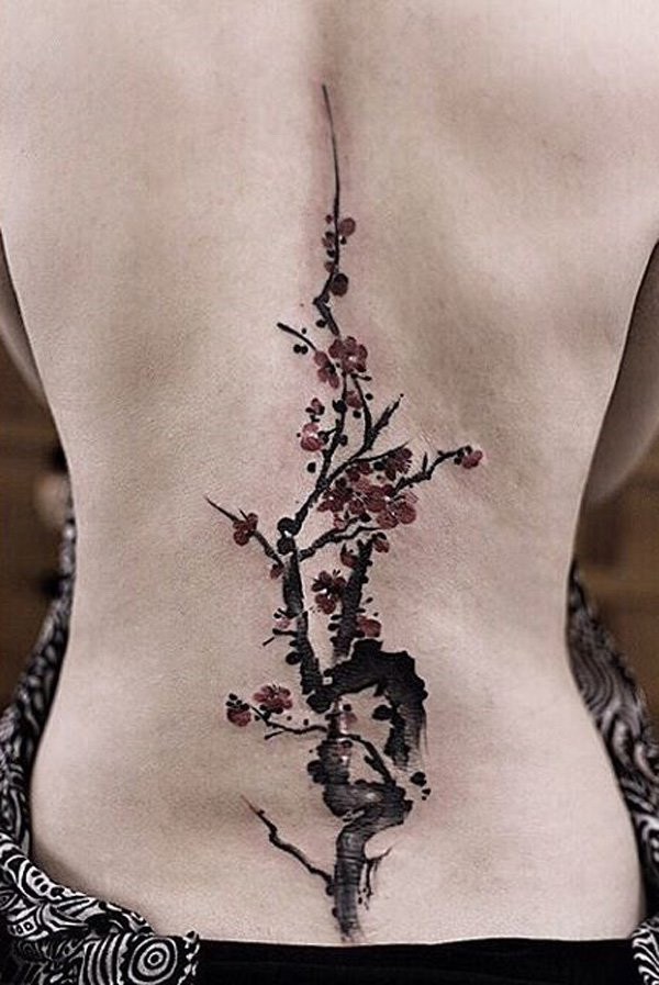 Cherry Blossom Spine Tattoo Design. 