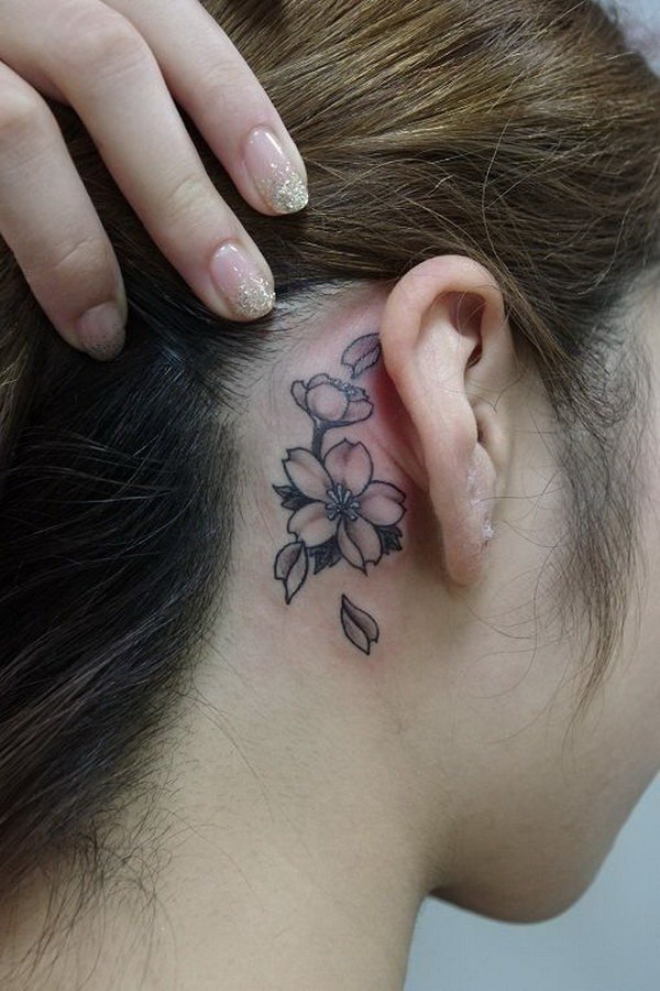 Cherry Blossom Ear Tattoo. 