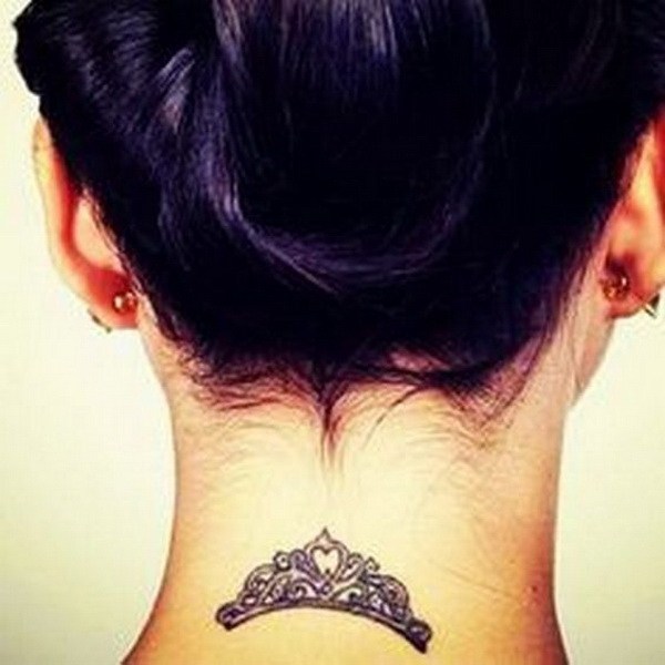 Chic Small Crown Back of Neck Tattoo. 