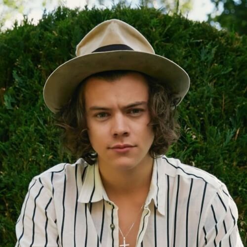 Corte de pelo mediano de Harry Styles con sombrero 