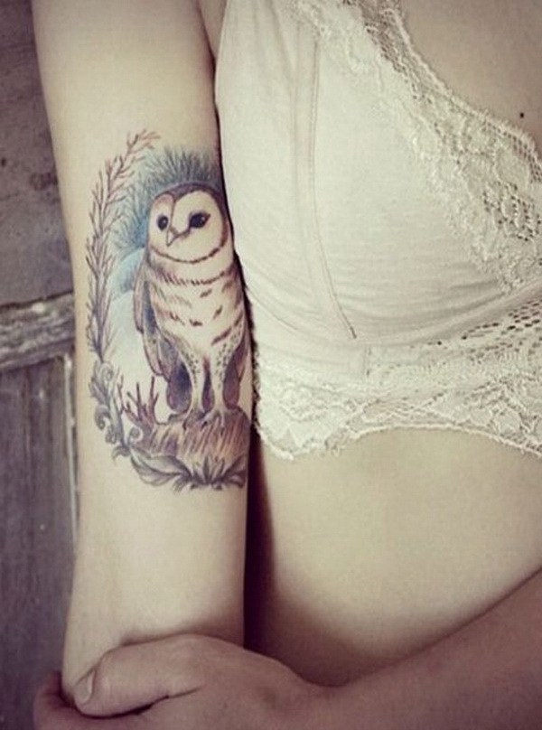 Pretty Owl Tattoo en Aarm para niñas.  Más a través de https://forcreativejuice.com/attractive-owl-tattoo-ideas/ 