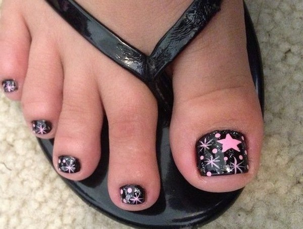 Pink Star Polka Dot Toe Nail Design. 