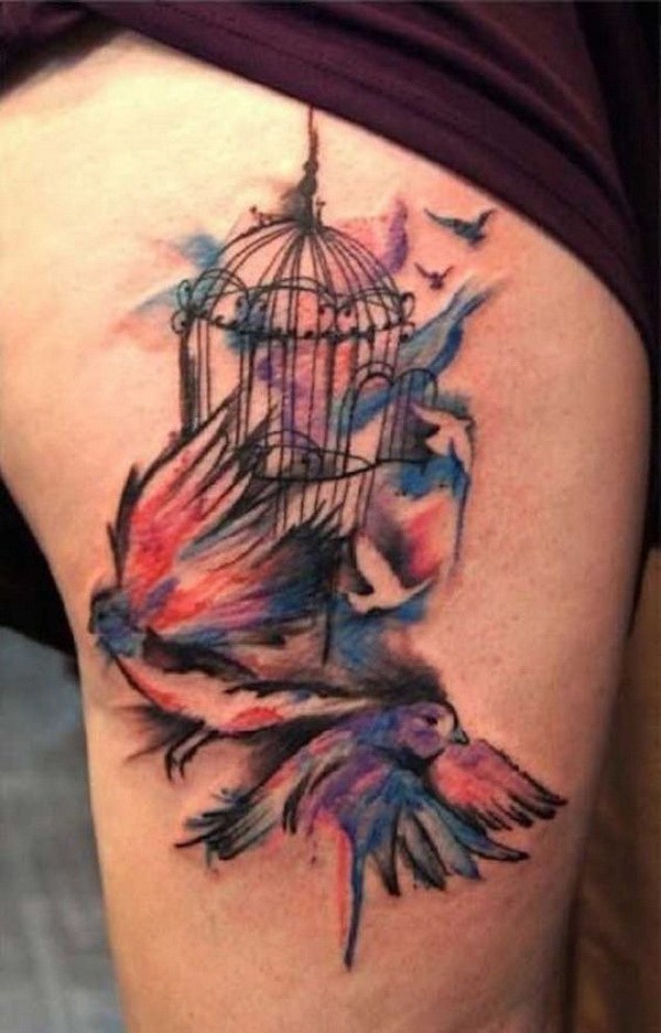 Acuarela tatuaje de jaula de pájaros. 