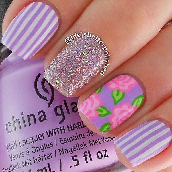 Purple Stripes and Pink Flowers y Silver Glitter Nail Design. 