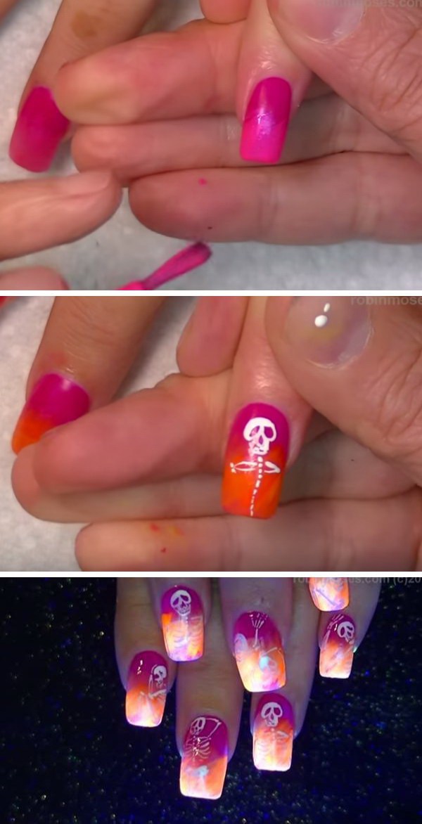 Neon Skeletons Halloween Nails. 
