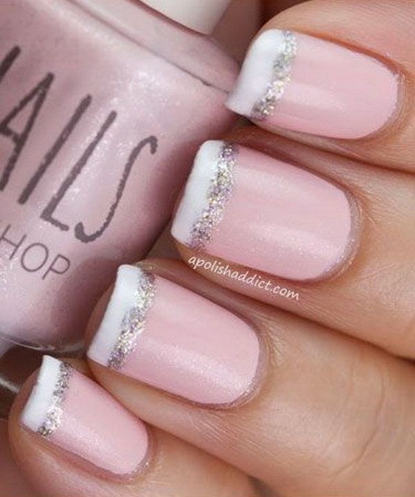Pink French Nail Tipped with White and Glitter. 