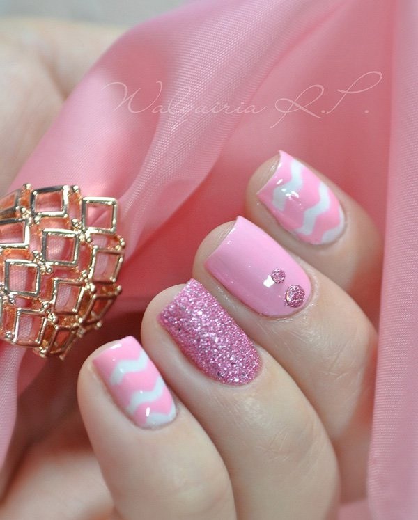 Pink Glitters and Beads Nail Art Design. 