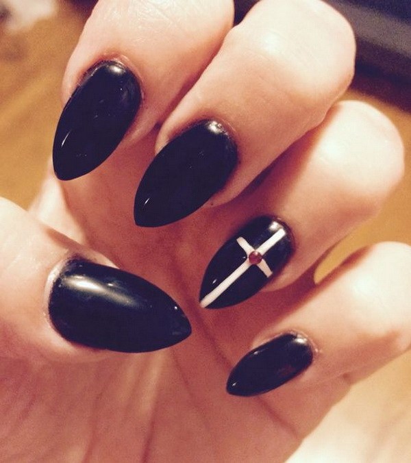 Goth Black Cross Almond Nails. 