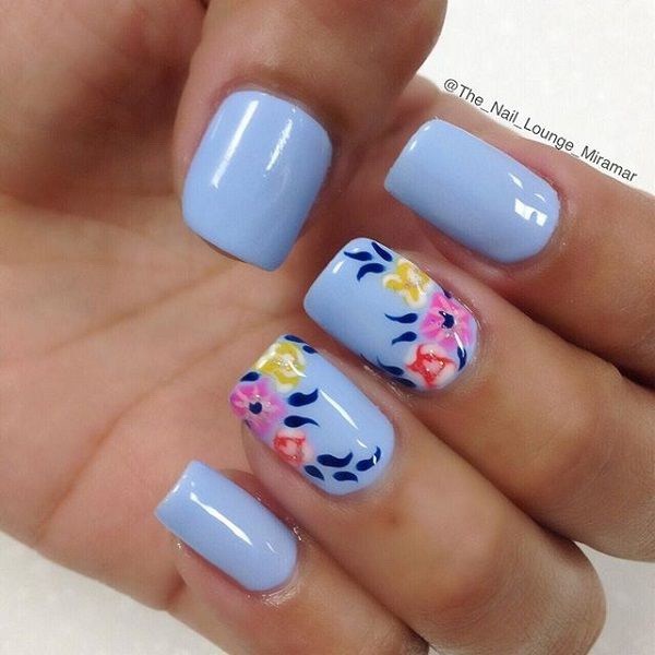 Baby Blue Floral Nail Art Design. 