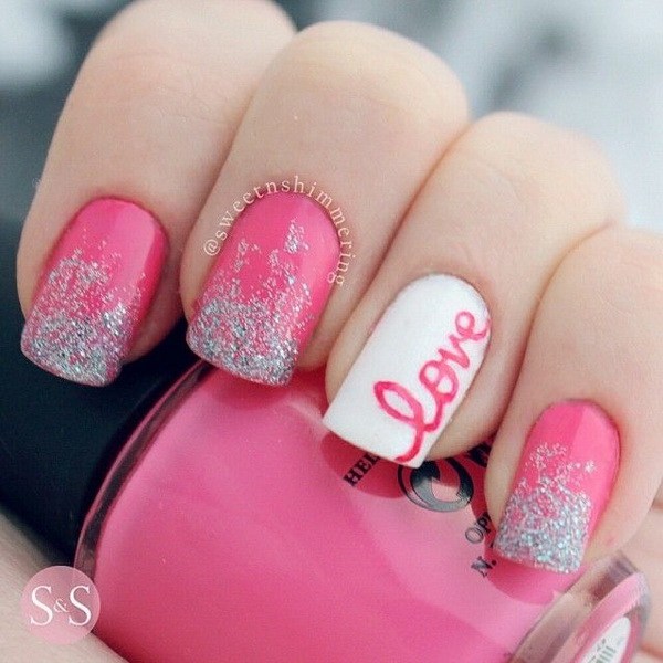 Pink and White Valentine's Nail Art Design. 