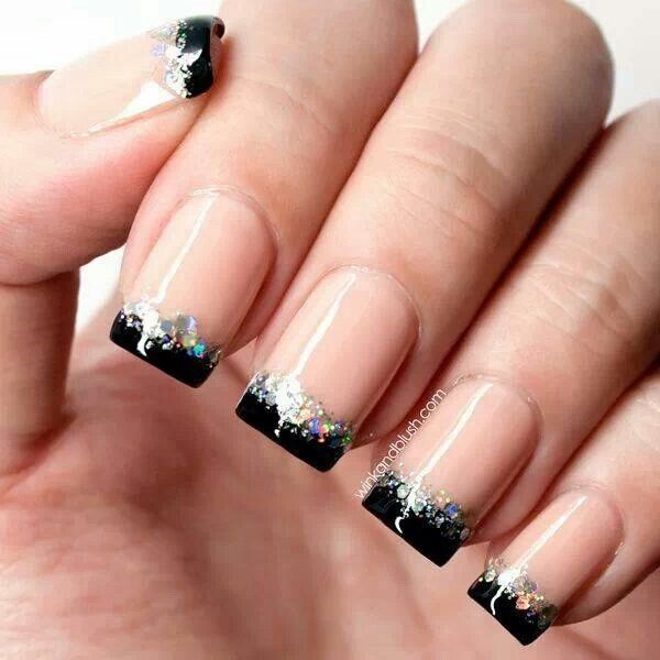 Black and Silver Glitter Tipped French Nails. 