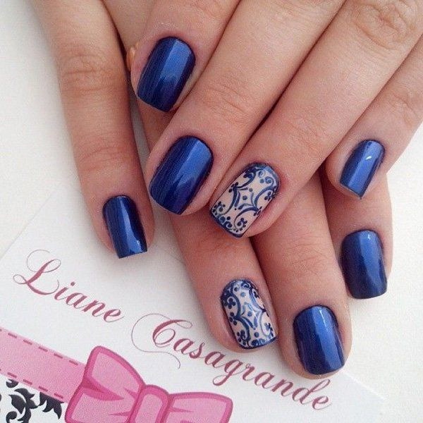 Blue Metallic Nail With Lace Design. 
