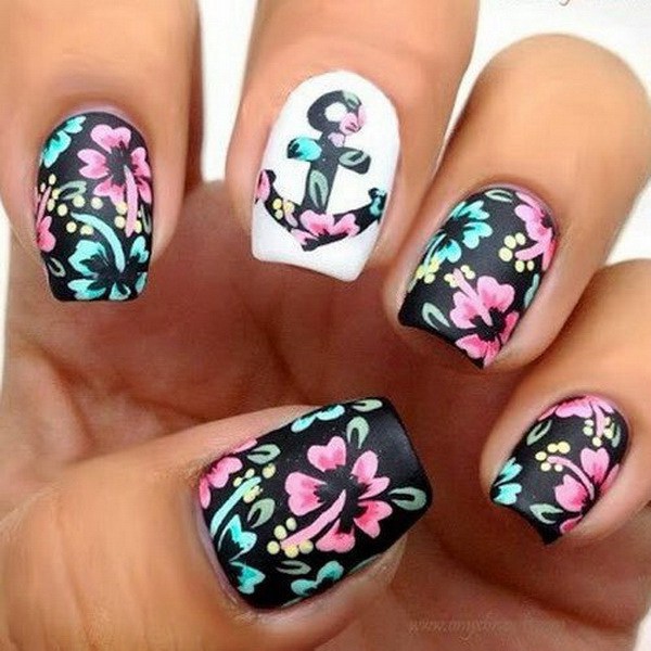 Floral Chevron Nail Art Design. 
