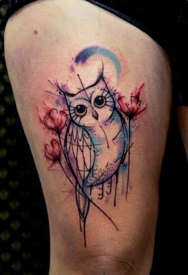 Acuarela Draft Owl Tattoo.  Más a través de https://forcreativejuice.com/attractive-owl-tattoo-ideas/ 