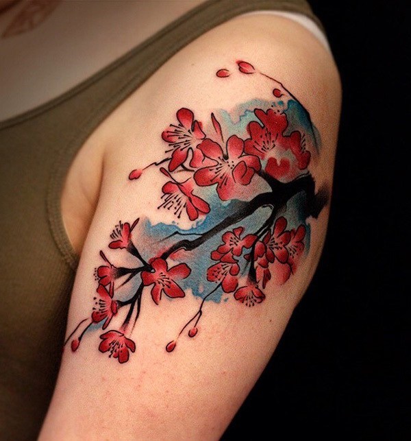 Acuarela inspirada en el tatuaje de la flor de cerezo. 
