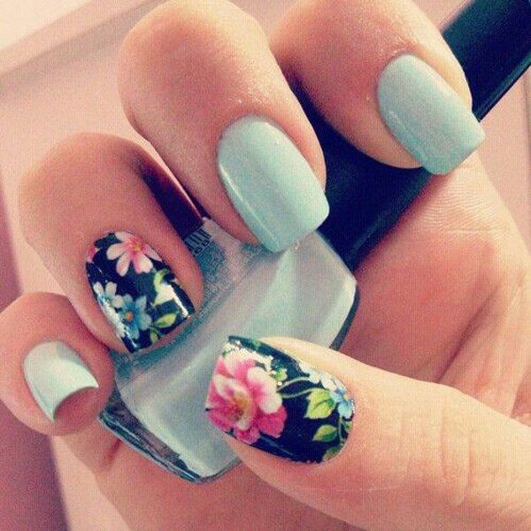 Matte Sky Blue Flower Nails. 